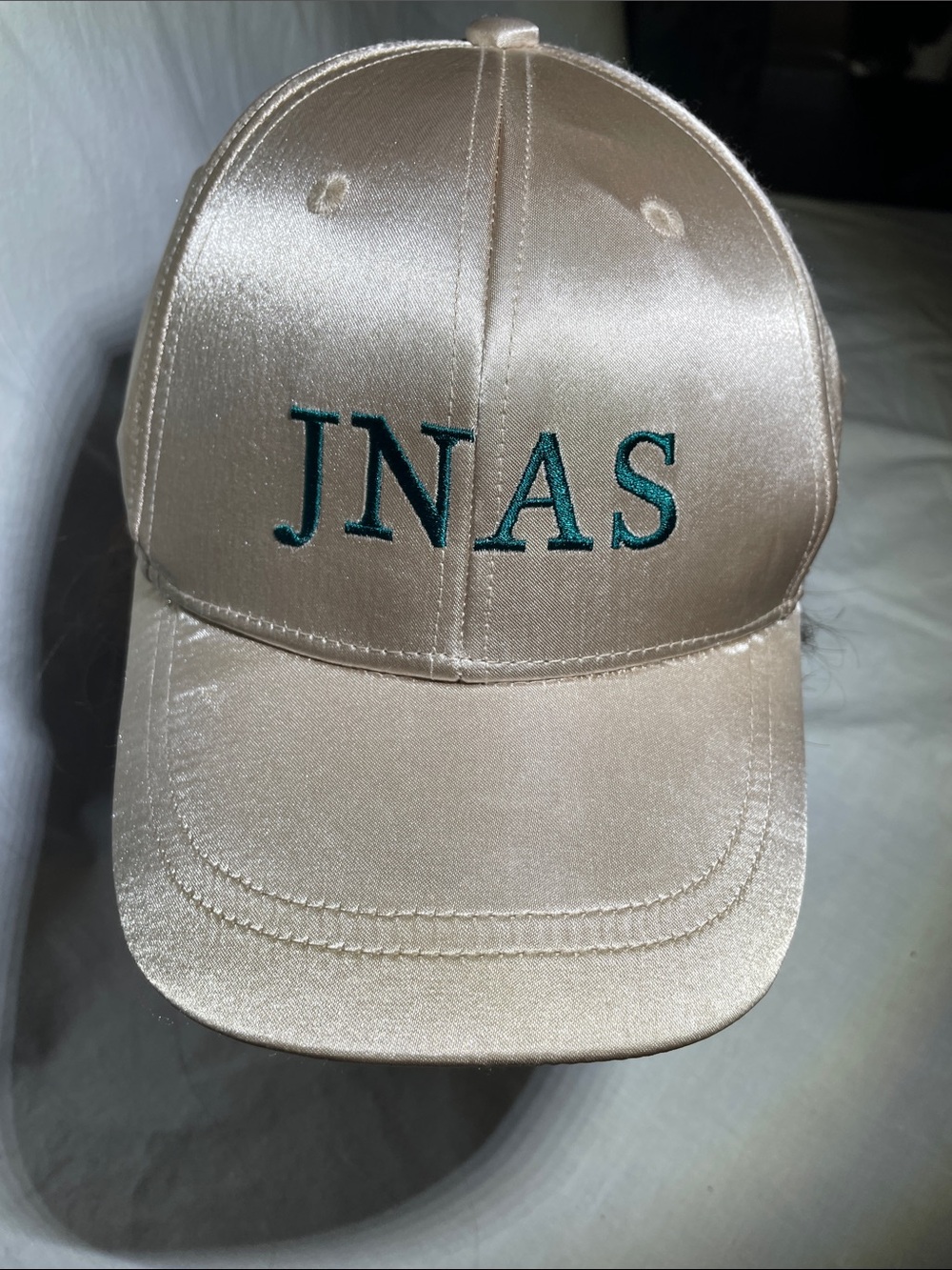 Satin Baseball Cap in Champagne with Teal Embroidery